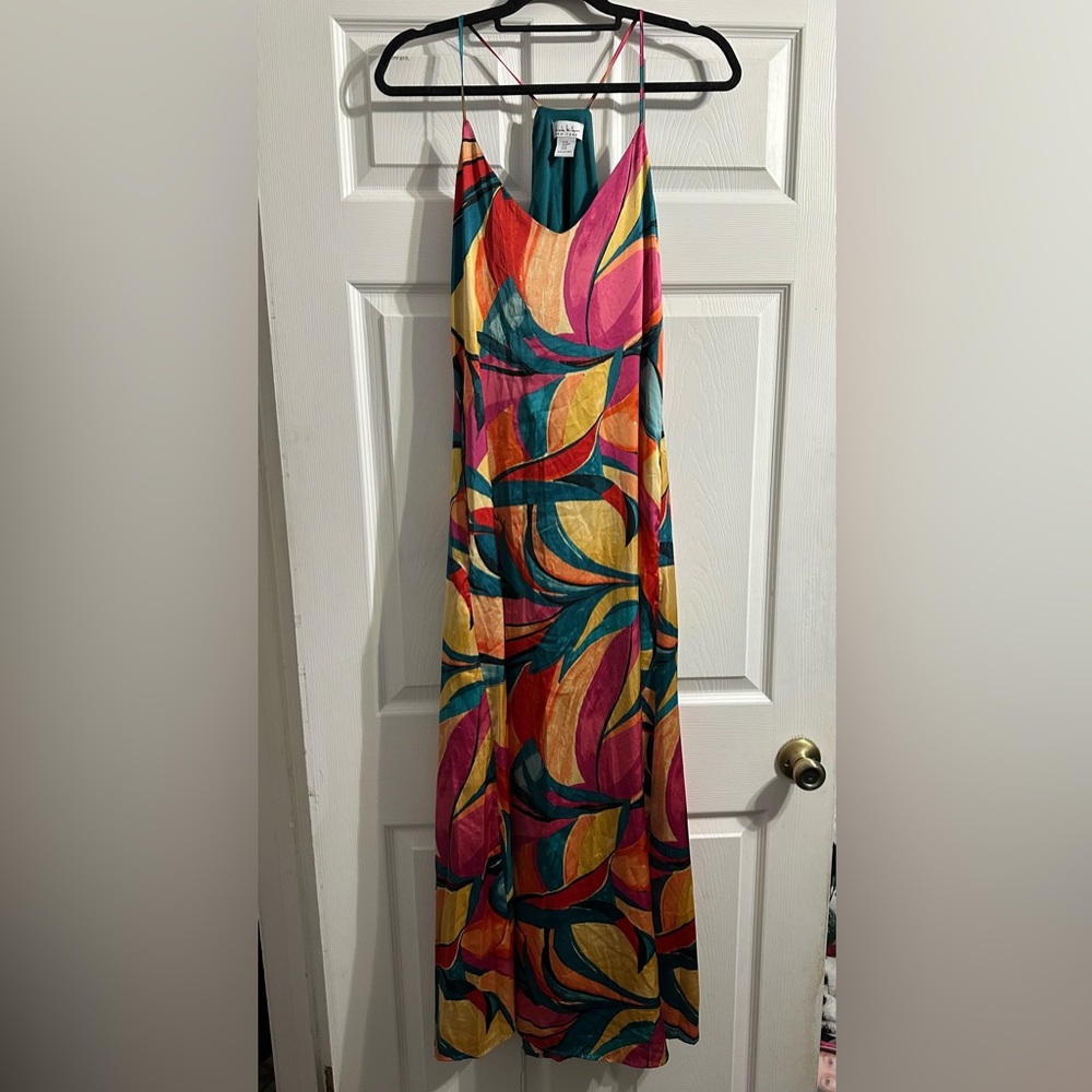 Nicole Miller Teal Satin Halter Dress with Multicolor Accents